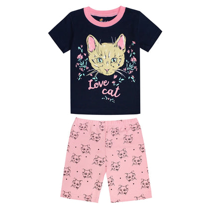 Girls Pink/Black Love Cat 2pc Pyjama Shorts Set 18mth-8yrs 10202082 - Snuggle Time