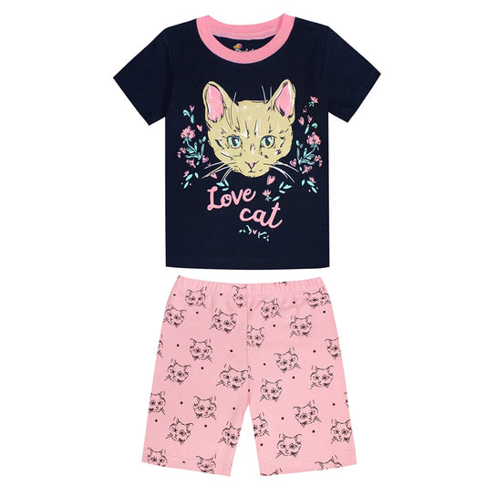 Girls Pink/Black Love Cat 2pc Pyjama Shorts Set 18mth-8yrs 10202082 - Snuggle Time